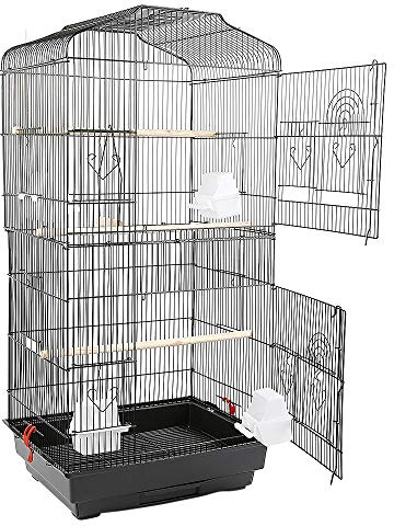 Cage pour Oiseaux Volière de Perroquet Canaries Perruche Canaris 4 mangeoires, 3 perchoirs, 46 * 36 * 92cm Noir