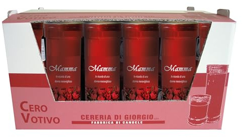 Paquete de 30 velas votivas – Color Rojo – Modelo P50 – Con dedicatoria «Per La Mamma» – Duración 55 horas – Cereria Di Giorgio