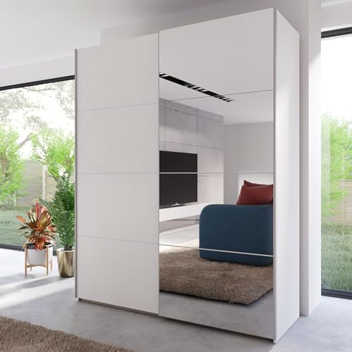 Forte Schach & MATT 2 Schrank 170, moderner Kleiderschrank 2-türig mit Spiegel, Schwebetürenschrank, Holzwerkstoff, Weiß, 170,3 cm breit x 210,5 cm hoch x 61,2 cm tief