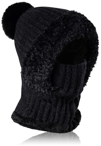 AYPOW Vintervarm stickad mössa halsvärmare set, damer vintermössa flexibel tjock fleece fodrad beanie mössa med hårband, kvinnor multifunktionell balaclava ansiktsmask för utomhussporter, svart, one