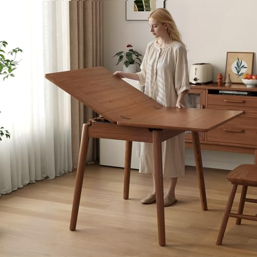 DONGMUWUJEE Solid Wood Small Dining Table for 2-6, 23.6L-47.2L Expandable Kitchen Table, Designed for Small Spaces, Easy Assembly, Suitable for Kitchen, Dining Room, Living Room, Apartment (Walnut)