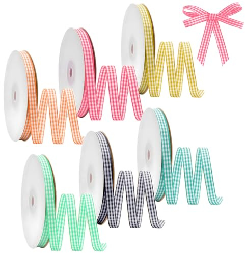 6 Rollen Geschenkband Set, 10mm x 9m Schleifenband, Polyester Satinband, Geschenk Band, Kariertes Geschenkbänder für DIY Bastelkuchen, Strauß Dekoration, Weihnachtsfeier (Mehrfarbig 1)