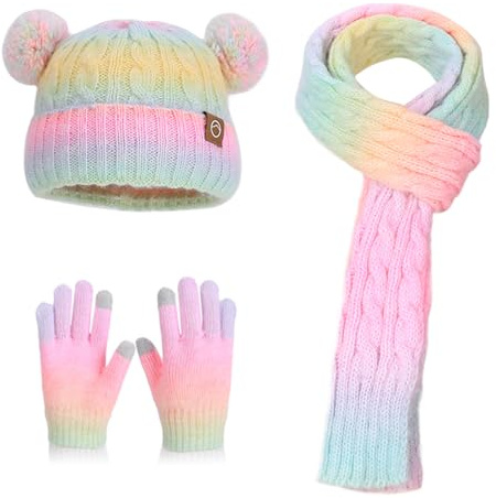 AYPOW Niños 3 en 1 Invierno Conjunto de Gorro Bufanda y Pantalla Táctiles Guantes para 4-10 Años,Cálido Gradiente Sombrero de Punto con Pompon, Calentador de Cuello con Forro Polar para Niños Niñas