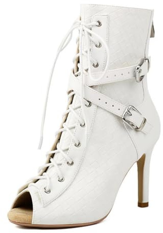 Qynthra Stivaletti Donna Gotico Peep Toe con Lacci PU Tacco Alto Cinturini Fibbia Dettaglio Intrecciato Stile Combat Moda Strada Festa Sera,Bianca,38 EU