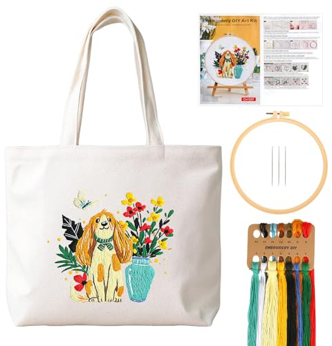 JSRQT Kit per Borsa in Tela Cane Ricamo, Set per Principianti Adulti Punto Croce Floreale Stampato, Ricamo Starter Kit a Mano Fai da Te per Amanti del Cucito Creativo, con Istruzioni, Ago e Filo