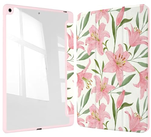 Vozehui iPad Case 11/10.9 Inch (A16)11/10th Gen/10.2 Inch 9th/8th/7th Gen/9.7 In.5th/6th/Air 11 In.M3/M2 w/Clear Back Shell w/Pencil Holder,Tri-fold Stand Cover w/Auto Sleep Wake Lily Floral