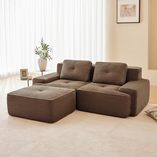 Modulares Cord Sofa L-förmiges Ecksofa Schlafsofa mit Ottoman Hocker Wohnzimmer Couch mit Komfort & Tiefsitz-Unterstützung, Ohne Montage 32D Hochelastische Schaum Boneless Sofa (Braun, 2-Sitzer+1)