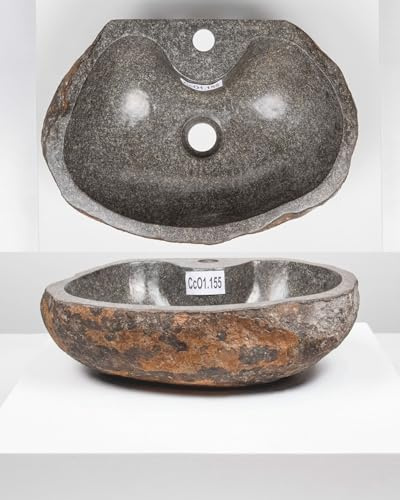 Lavabo de piedra ovalado de 50 cm con agujero para grifo, baño, jardín, piedra de río, lavabo, lavabo, lavabo de mano WOHNFREUDEN