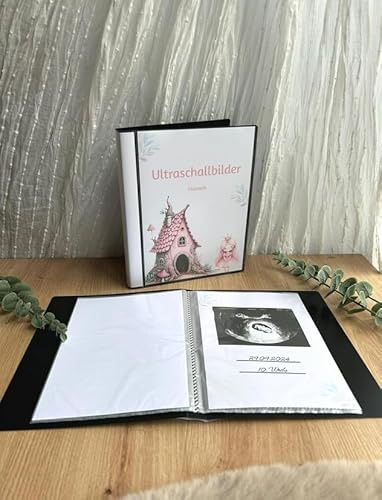 Ultraschallbilder Album mit Hardcover Einband, Rosa Feenhaus Design 20 Dokumentenechte Folien, DIN A5 Format, Personalisierbar Schwangerschaft Erinnerungen (leere Folien)