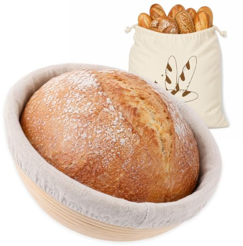 NARYVORA Banneton pour Pain Rond, 23 x 8.5cm Panier de Fermentation Pain pour 650g Pâte, Kit Boulangerie avec Doublure en Lin et Sac à Pain, pour Boulangers Domestiques Professionnels