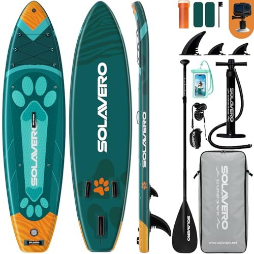 SOLAVERO SUP Board Aufblasbar, Stand Up Paddling Board 323x83x15 cm (200kg) | Stabiles Paddleboard mit Komplettes Zubehör, Verstellbares Paddel, Anti-Rutsch Eva-Deck für Erwachsene, Familien & Anfänger