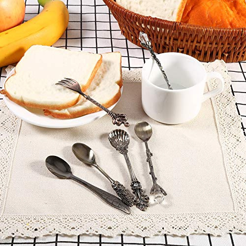 Bewinner Juego de Mini Cucharas y Tenedor de café de Metal Vintage, Vajilla de Aleación de Zinc de 6 Piezas con Patrón 3D, Latón Antiguo, Plata Dorada, Latón Rojo, Opciones de Color para Regalos de
