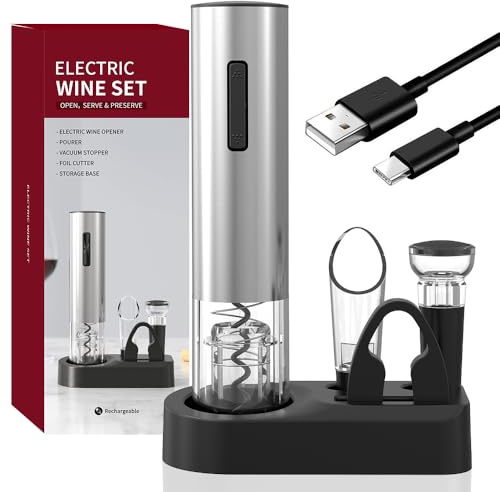 Mafiti Sacacorchos Eléctrico Recargable 5 en 1 con Base y USB-C | Abre botellas en segundos con motor. Incluye cortador, vertedor y tapón de vacío. Batería USB-C recargable, base incluida