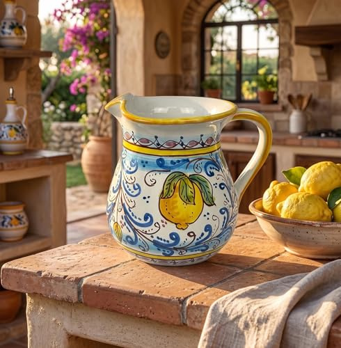 Mondocreazioni Caraffa in Ceramica siciliana Boccale Realizzato e Decorato a Mano Santo Stefano di Camastra Art. Fiore Limoni 1,5 LT