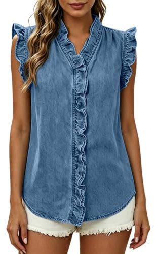 Foweknow Camisa vaquera para mujer, volantes, sin mangas, camiseta de tirantes de color liso, informal, holgada, túnicas para mujer, vintage, ropa de calle, informal, cómoda, larga, vaquera, blusa con
