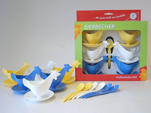 Frukostset, äggkoppskoppskyckling, 6 äggkoppar och 6 äggskedar vardera, 2 x blå, 2 x vit, 2 x gul i presentuppsättning, DDR-äggkoppar