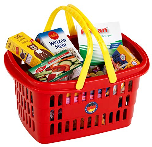 Theo Klein 9693 Panier à provisions garni avec double anse - Livré avec 21 petites boîtes en carton - Dimensions : 26,5 x 17,5 x 13,5 cm - Pour les enfants à partir de 2 ans