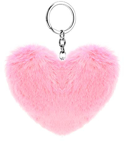 Soleebee Künstliche Kaninchenfell Keychain Flauschigen Liebesherz Pom Pom Schlüsselanhänger Taschen Koffer Rucksäcke Zubehör Charm Auto Schlüsselanhänger Schlüsselring für Frauen Mädchen (Rosa)