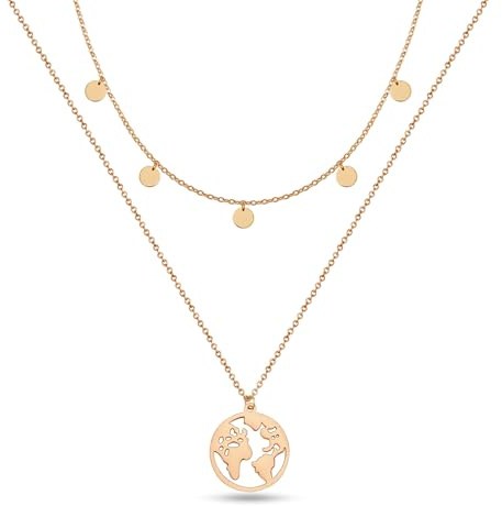 GD GOOD.designs Weltkugel Kette Silber,Gold und Rosegold, mit Plättchen Mehrreihig für Damen - Wasserfest I Layering Halskette mit Weltkarte und Coins I Welt Travel Doppelkette