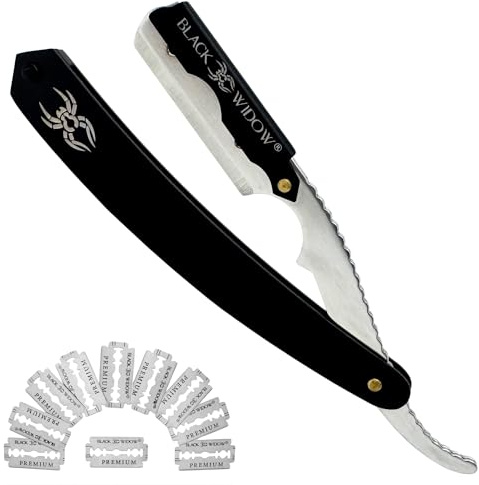 Black Widow Professional Barber Straight Edge Razor – Stainless Steel Shavette, 1.5 mm Blade Exposure, Matte Black & chrome, 10 Double Edge Blades (20 Single-Edge) for Lineups & Beard Shaping