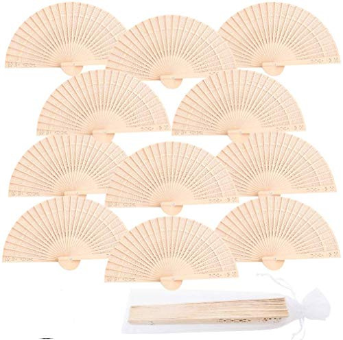 iZoeL 12 Abanicos Madera Boda Invitados Mano, Abanicos de Papel Plegables con Varillas de Madera, Incluye 12 Bolsas de Organza, Detalles de Bodas para Invitados para Fiesta Verano