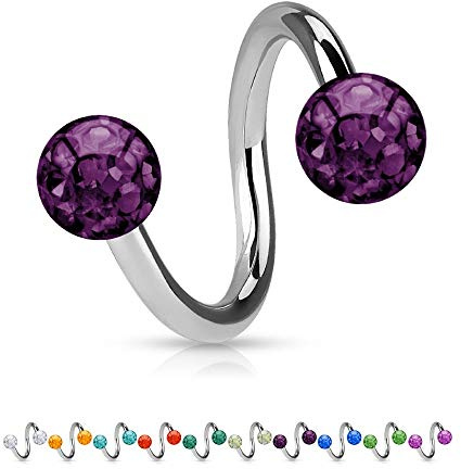 Treuheld® | 1.2mm x 8mm Piercing Spirale/Twister Silber | 3mm Kristall Piercing-Kugeln | Lila/Violet | Chirurgenstahl | Nabel, Ohr