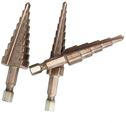 Set di 3 punte elicoidali per trapani a gradini in acciaio inox HSS, con supporto per punte coniche, punte per metallo, 3 – 12 mm/4 – 20 mm/4 – 12 mm