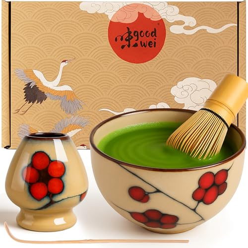 Goodwei Matcha Set komplett mit Matchabesen, Matcha Löffel und Matcha Schale aus Keramik mit Besenhalter im passenden Design | Kunstvoll gefertigte Teeschale Chawan (Plum, 80)