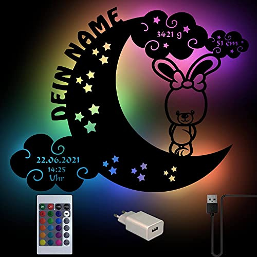 Namofactur personalisiertes Nachtlicht Hase auf Mond aus Holz | Mit Wunschname – warmweiß oder RGB mit USB und Fernbedienung sowie in verschiedenen Farben für Baby- und Kinderzimmer