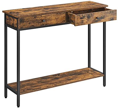 VASAGLE Konsolentisch, Flurtisch, Beistelltisch, Sofatisch mit 2 Schubladen, Stahlgestell, Flur, Wohnzimmer, Industrie-Design, vintagebraun-tintenschwarz LNT015B01