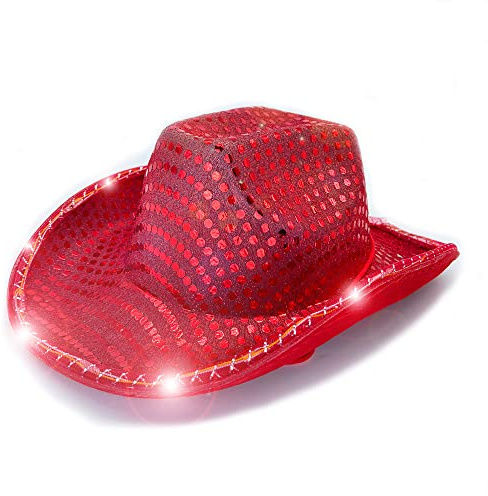 LEEMASING Sombrero LED de vaquero de lentejuelas para fiesta de fiesta con luz intermitente, fiesta de baile, vaquero para Navidad, Halloween, cumpleaños, boda, fiesta (Rojo)