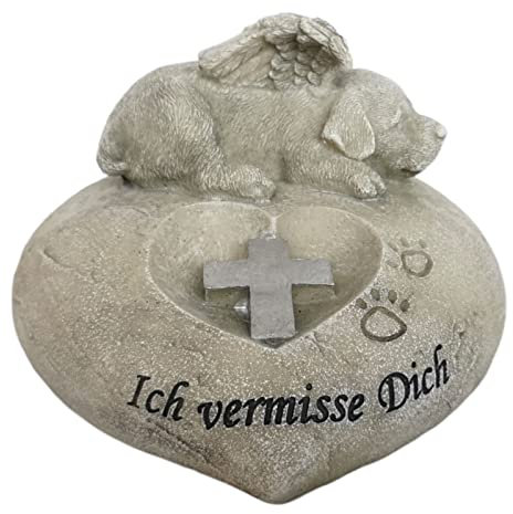Goldbach Grabschmuck Hund auf Herz Ich vermisse Dich Trauerengel Grabdeko Grabstein Kunststein