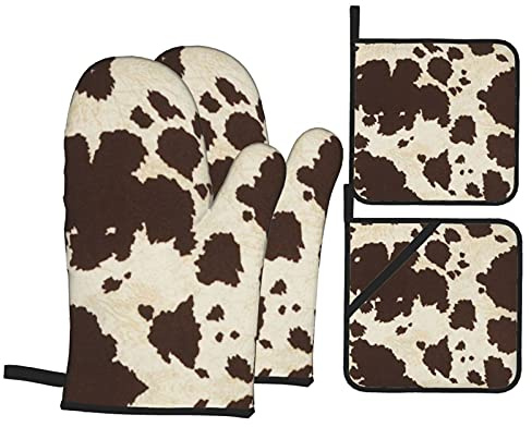 Lot de 4 maniques et maniques en fourrure de vache avec doublure pour la cuisine, la cuisson, le barbecue