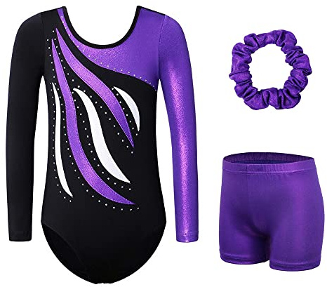 XFGIRLS Justaucorps de gymnastique pour filles à manches longues - Justaucorps de danse scintillant sans manches pour filles - Ballet, gymnastique - Short 3-16 ans, 9-10 ans
