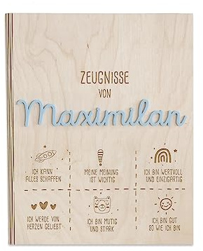 Personalisierte Zeugnismappe aus Birkenholz mit Acryl Namen - Individuelles Geschenk zur Einschulung - DIN A4 - Zeugnisringbuch Mädchen & Jungen - hellomini (Affirmation blau)