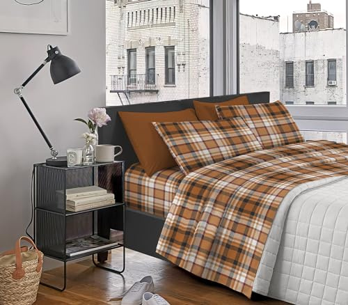 IlGruppone Completo Letto Lenzuola, parure, Flanella Calda e Morbida,Made in Italy Anti Pilling Felpato Flanellato (1 Piazza, TartanRust512)