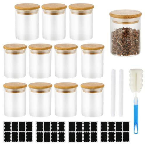 Banaone Pots à Épices en Verre et Bois, 12 Pièces 250ml Pots à Épices en Verre avec Couvercles, Boite a Epices Cuisine Rangement, Lavable au Lave-Vaisselle, avec Étiquettes, Stylo, Brosse