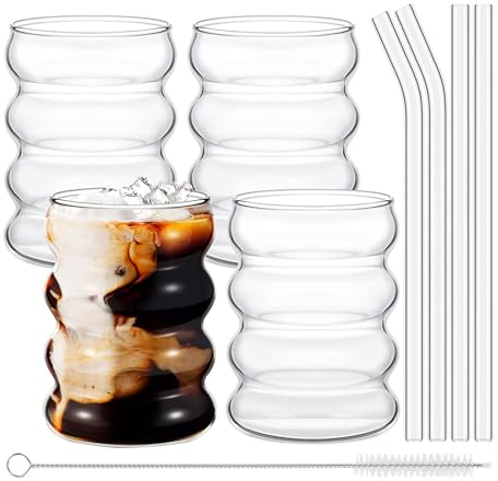 Set di 4 Bicchieri a Bolle Vintage Con Cannucce e Pennello - Ondulazione a Forma di Vetro per Latte Macchiato, Caffè, Whisky, Cocktail, Yogurt (350ML)