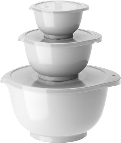 Rosti Margrethe Schüssel Set, Rührschüssel Set, 6-Teilig mit 3 Rührschüsseln und 3 Deckel, Teigschüssel aus Recycelbarem Kunststoff, 0,25 Liter, 0,75 Liter und 3 Liter, Weiß