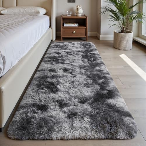 Sour Lemon Teppich Schlafzimmer 60x220cm, Grau Teppich Flur Läufer | Rutschfest Schlafzimmer Teppich Waschbar Flauschiger Wohnzimmerteppiche Zottelige Weiche Teppiche für Kinder Flur Wohnzimmer
