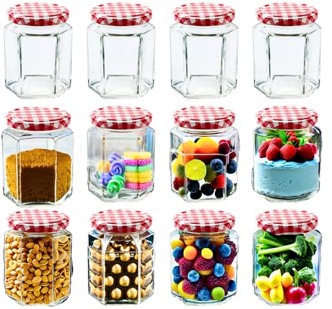 Trendi Glass Storage Jars with Lids – Set of 12 | 280ml Airtight Glass Containers | Hexagonal Jar | Screw Top with Lids | Ideal for Pickles, Chutney, Fruits, Oats & Jams