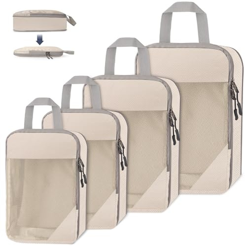 WUFANC 4 Pièces Packing Cubes Compression, Organisateur Valise à Double Fermeture Éclair, Sac Compression Voyage, Rangement Valise pour Bagages à Main et Sacs à Dos Borsa da viaggio in rete