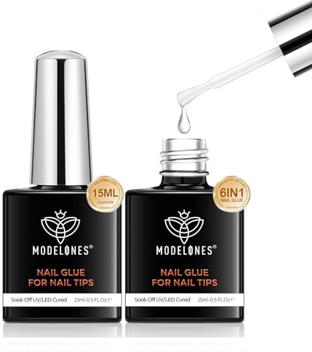 Modelones 2Pcs 6 in 1 Nail Glue Base Coat NailPolish Set Brush On Gel Nails Glue 15ml for Rhinestone, False Nails, Base Gel, Blooming Nail Art Gel for Acrylic U V Lamp Needed