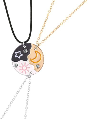 QEQSHQO 3 Unidades Collar de Dama, Plata Amistad, BFF Cadena, Sol Estrella Luna, Colgante de Cristal, Regalo, Joyería Personalizada