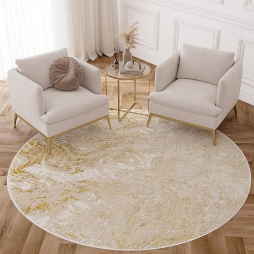 TAPISO Crystal Rund Teppich Kurzflor Glänzend Beige Gold 120 x 120 cm | Marmoreffekt 3D Effekt Wohnzimmer Schlafzimmer Modern Design OEKO-TEX
