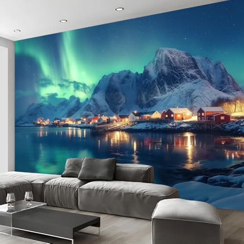 Fototapete Selbstklebenden Tapeten Winterdorf Aurora Tapete Wandtapete Klebefolie Tapetenfolie Wand Dekoration Wandaufkleber Wohnzimmer Norwegen Aurora Landschaft Wallpaper Tapet Wasserfeste Sticker