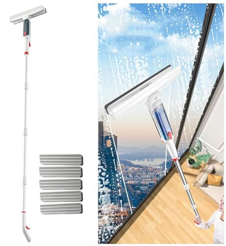 RYJYQYX 4 in 1 Sprüh Abzieher Dusche mit 41-190 cm 4-teiligem Verlängerungsstange, Fensterputzer Teleskop mit Abwassersammler und 5 Pads Sprühwischer für Badezimmer,Fenster,Spiegel