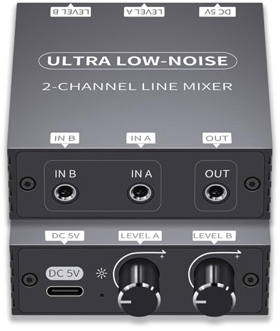 Mini Audio Mixer Line Mixer, 2 Way Audio mixer 3.5mm mixer，DC 5V, Stereo Ultra, Low-Noise 2-Channel for Sub-Mixing, for music creation, live broadcast, As Guitars, Bass, Keyboards Mixer