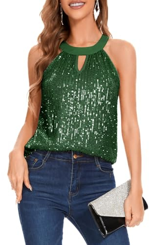 DRESSTELLS damer glitter linne toppar ärmlösa blusar toppar glittrande vertikala ränder paljett-remmar toppar, mörkgrön, XL