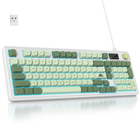 SOLIDEE 96% Trådlöst Membrantangentbord med Vred,Trådad/Bluetooth 5.0/2.4G,Gasket-struktur och RGB-bakgrundsbelysning,Tangenter med Mekanisk Känsla,Krämigt Tangentbord med Sifferplatta(Matcha)